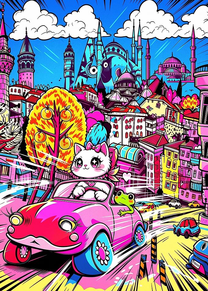 Cute Cat Driving Pink Car
