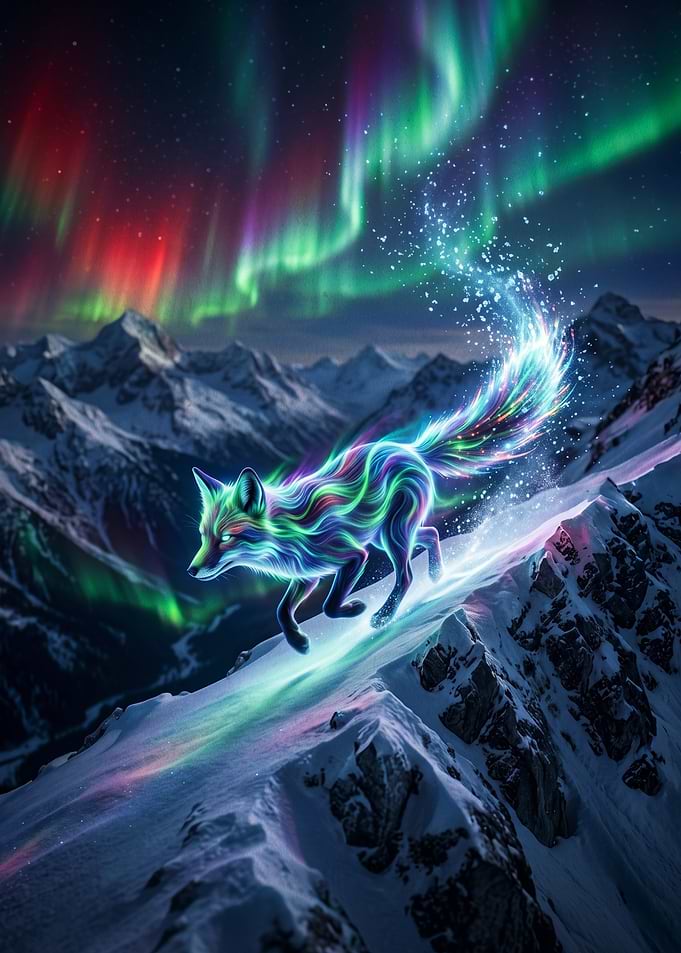 Ethereal Aurora Fox on Snowy Peaks