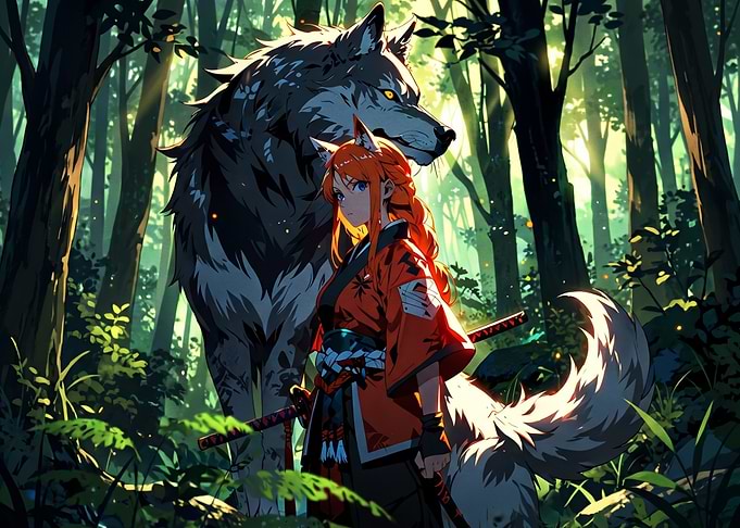 Anime Warrior Girl with Giant Wolf