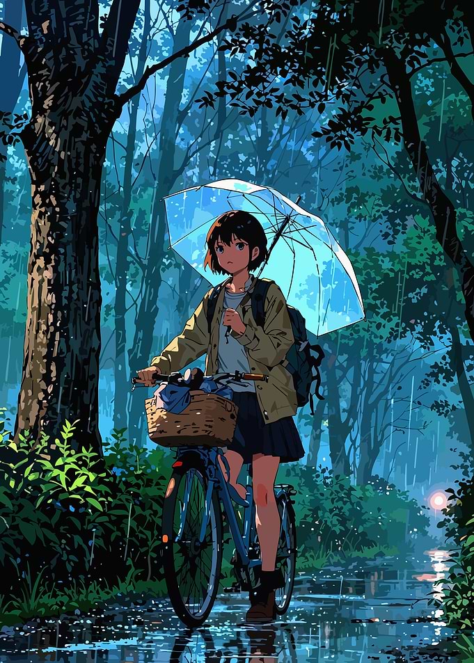 Anime Girl Cycling in the Rain