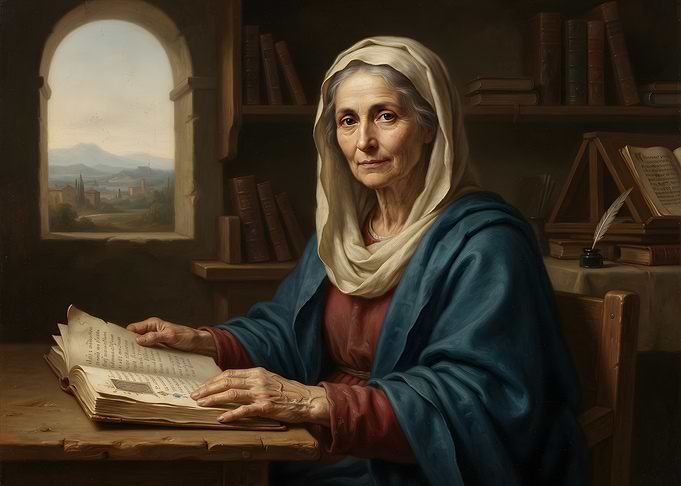 Elderly Woman Reading Ancient Manuscript