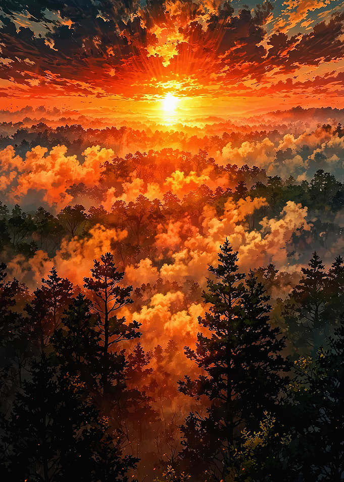 Vibrant Sunset Over Misty Forest