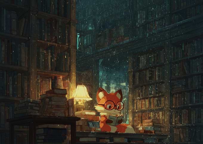 Cute Fox Reading in Library