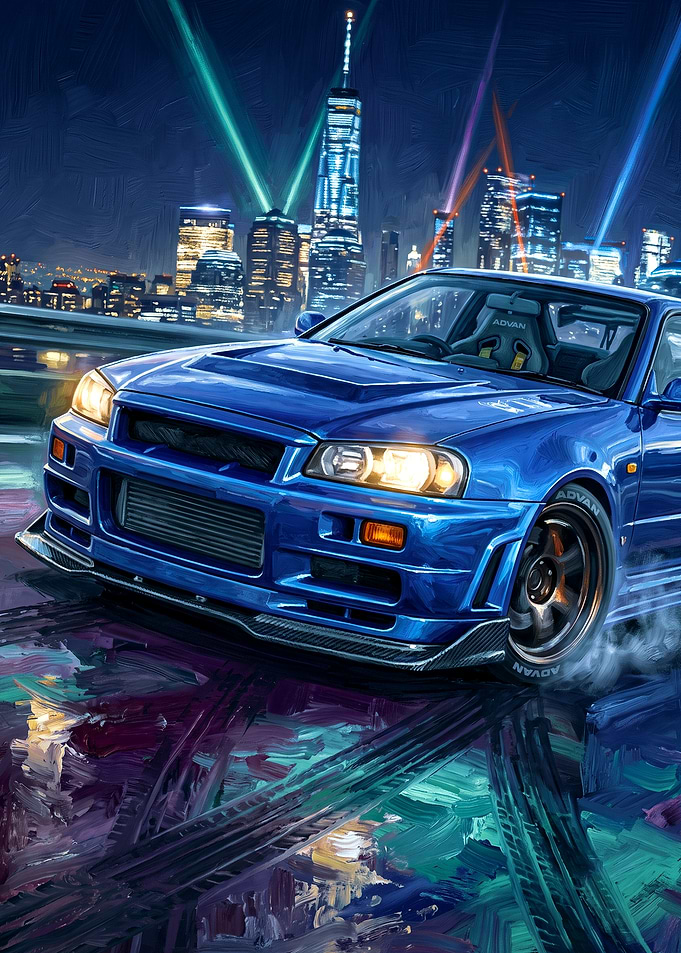 Blue Nissan Skyline GT-R R34 Drift