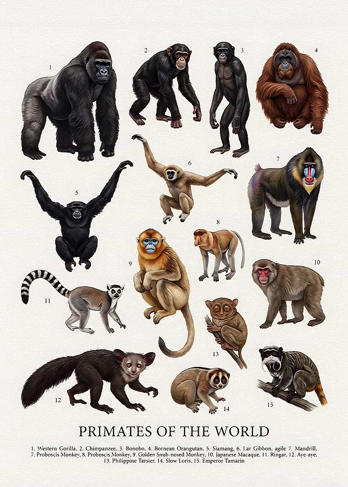 Primates of the World Educational Poster
