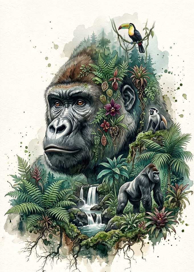 Gorilla Jungle Watercolor Art