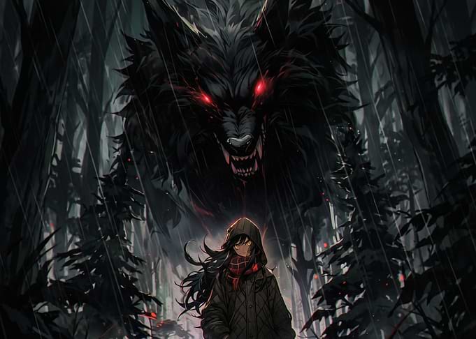 Girl Confronting Giant Shadow Wolf