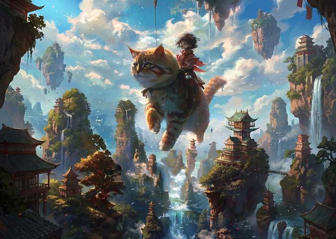 Child Riding Giant Cat in Fantasy