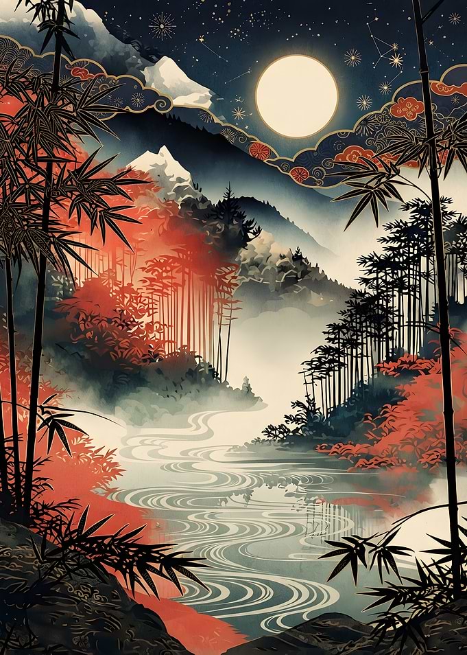 Moonlit Bamboo Forest and River Landscape