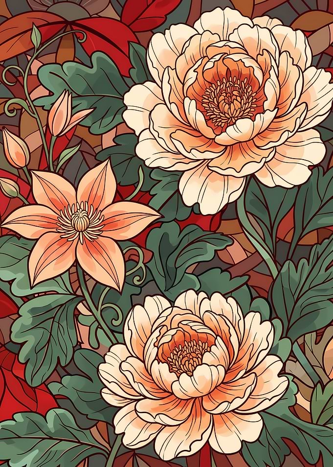 Art Nouveau Floral Peony Illustration
