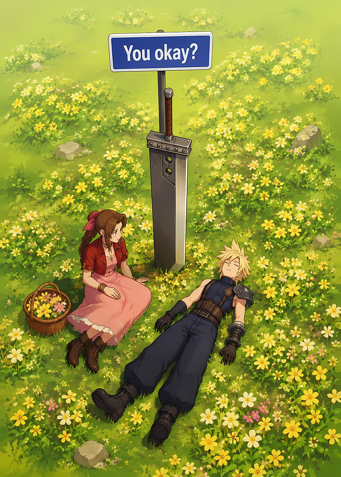 Cloud and Aerith in Flower Field