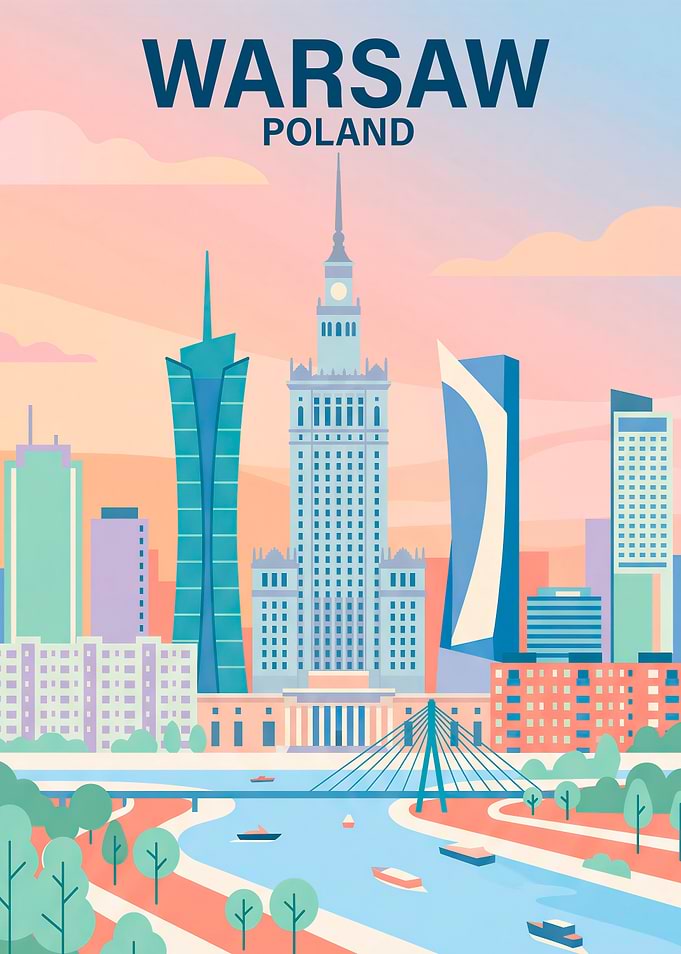 Warsaw Poland Skyline Travel Poster