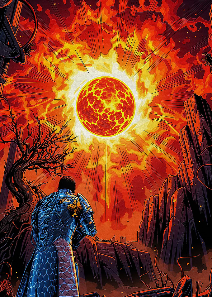 Warrior Facing a Fiery Apocalypse