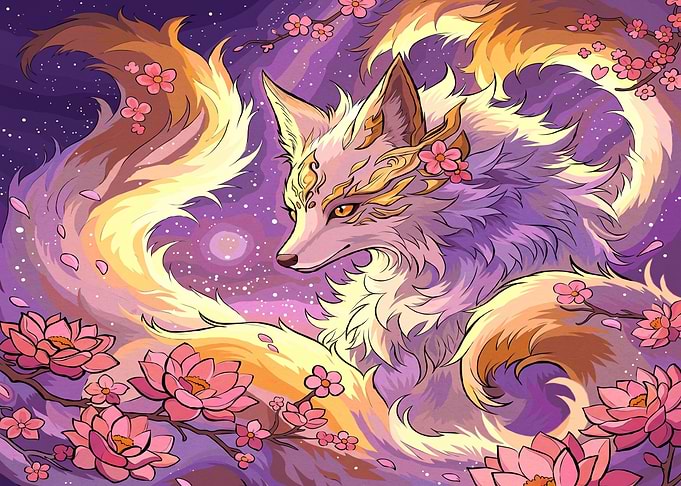 Mystical Nine-Tailed Fox in Blossoms