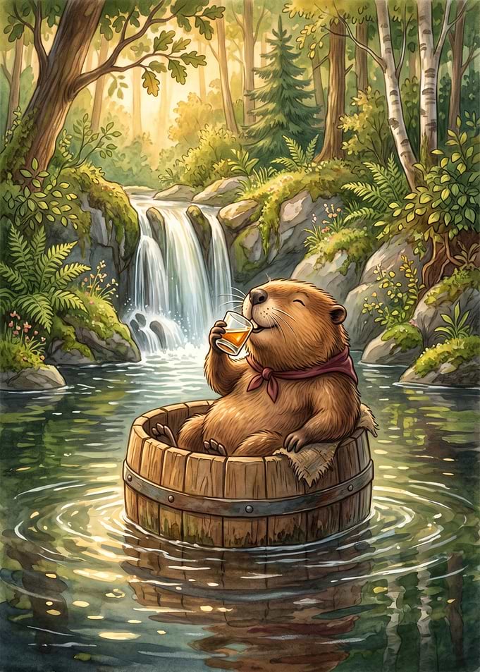 Beaver relaxing drink beer in a wooden barrel