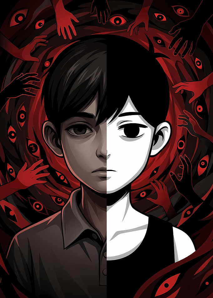 Omori Split Face Psychological Horror Art