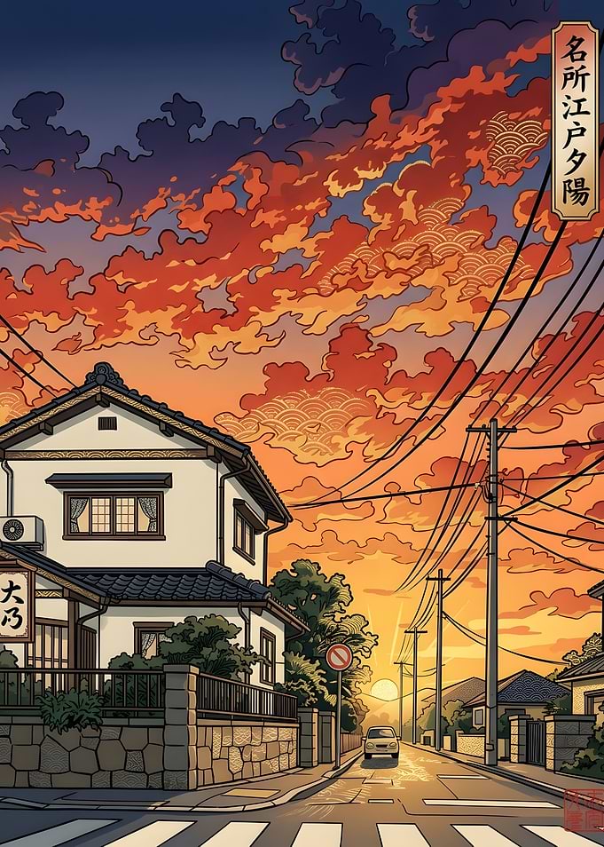 Ukiyo-e Style Japanese Sunset Street