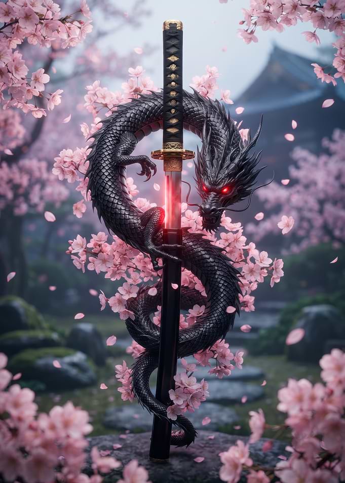 Black Dragon Katana in Cherry Blossoms