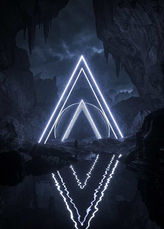 Glowing Neon Triangle Portal in Cave