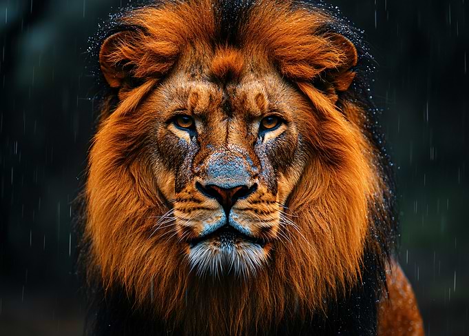 Majestic Lion Portrait in Rain