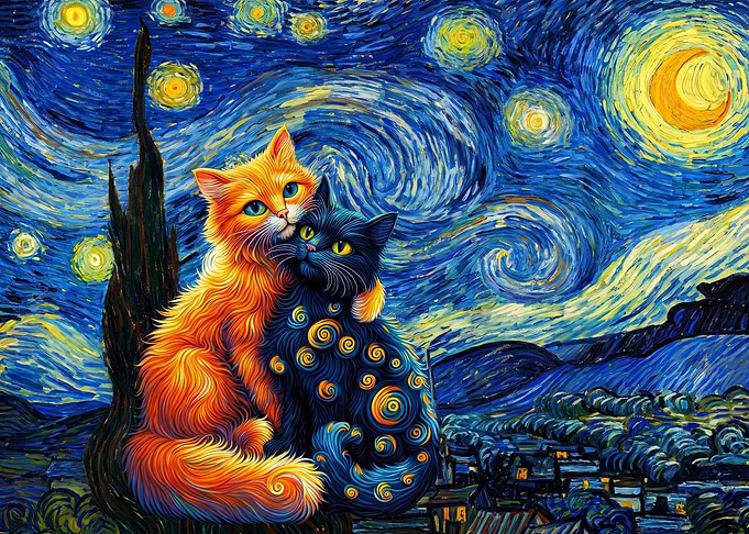 Cats in Starry Night Style