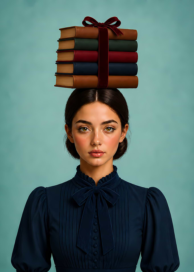 Woman Balancing Stack of Books