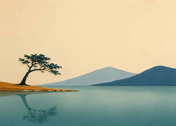Minimalist Japanese Landscape with Bonsai Tree
