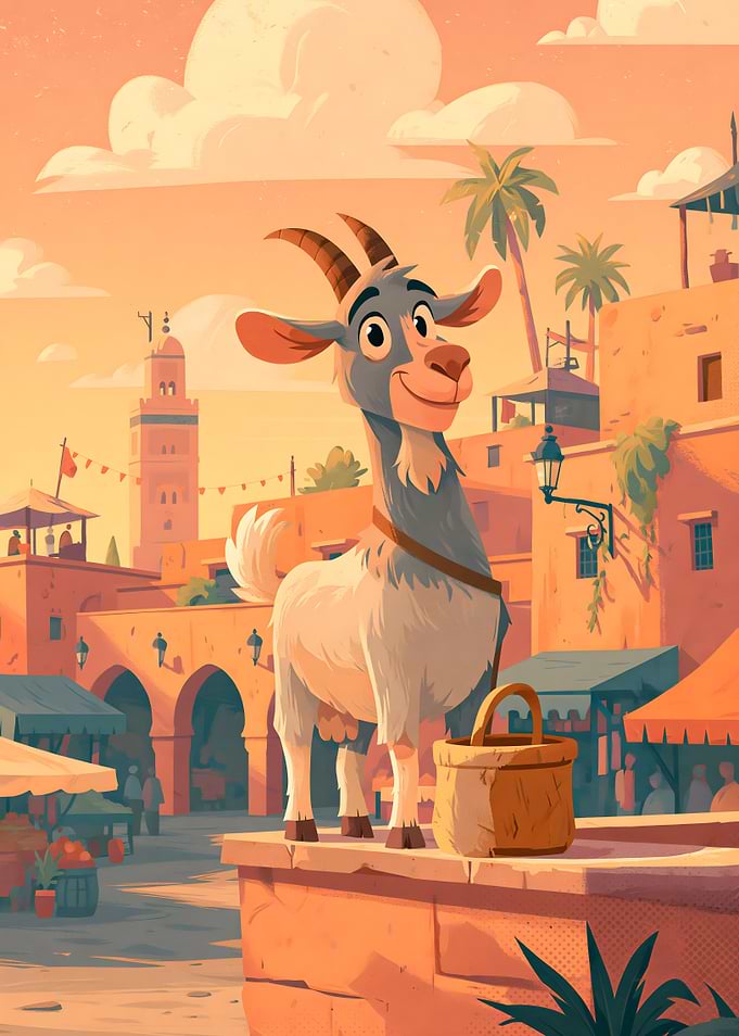 Cartoon Goat in Moroccan Market