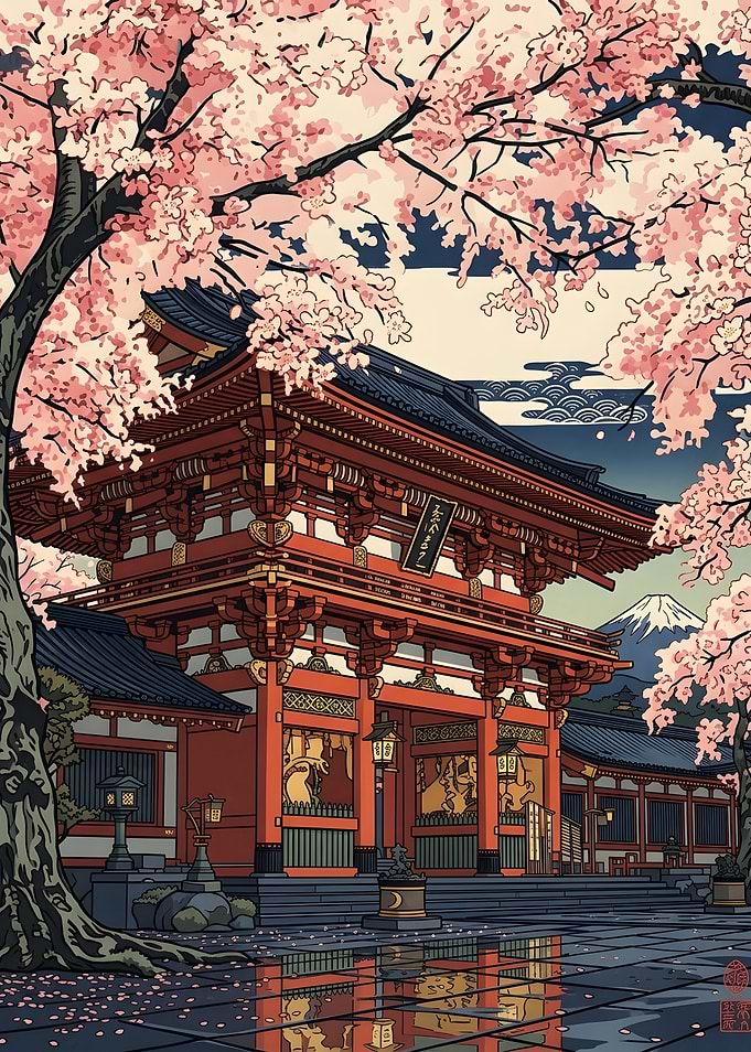 Traditional Japanese Temple Under Cherry Blossoms