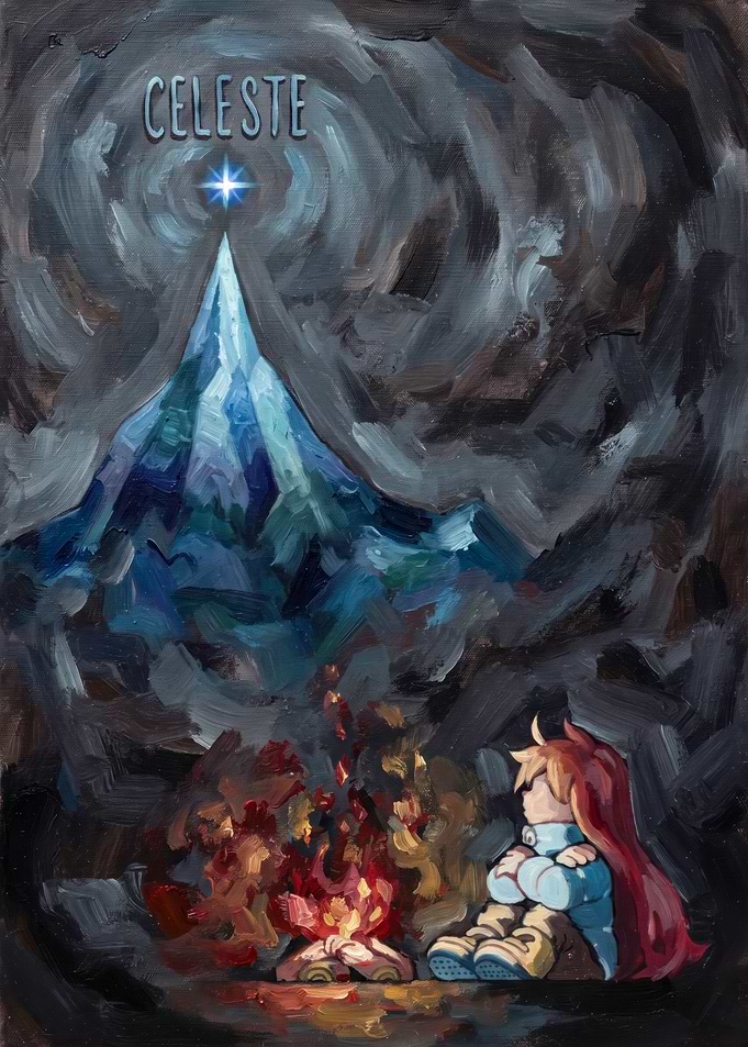 Celeste Mountain Campfire Painting