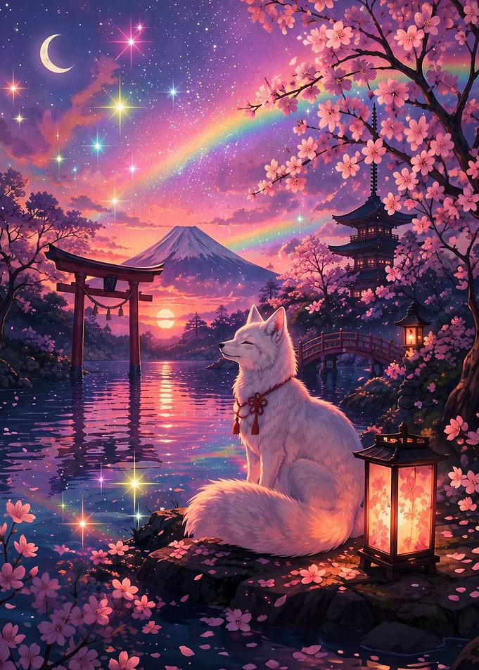 White Fox at Mount Fuji Sunset