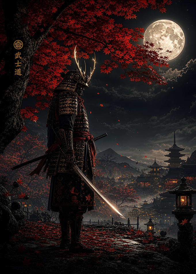 Samurai Under Red Maple Moon