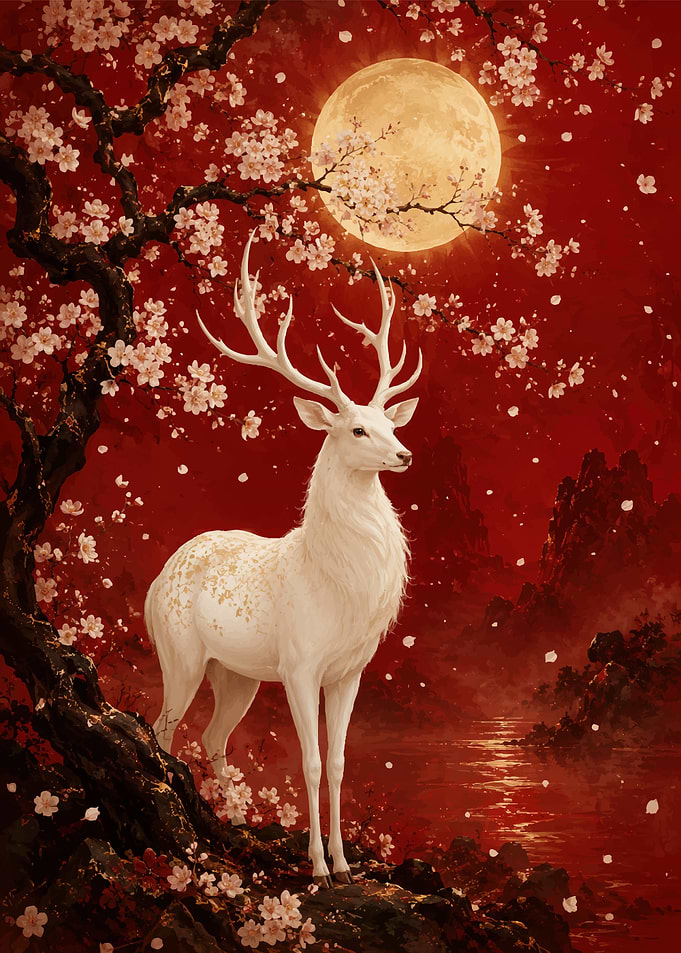 White Stag Under Red Moon