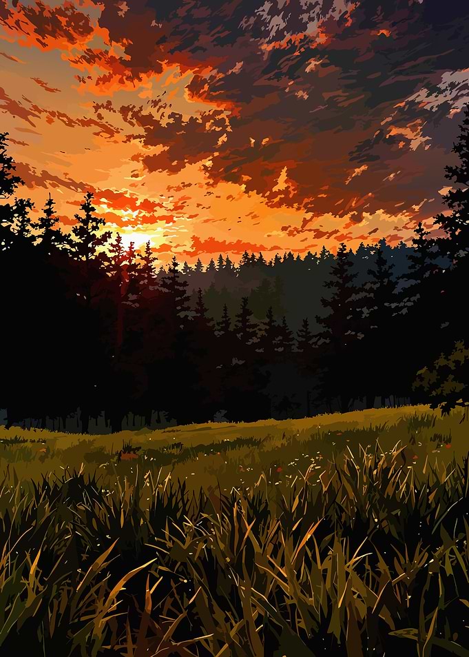 Vibrant Sunset Over Forest Meadow
