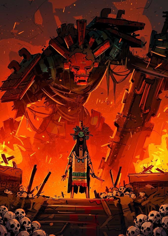 Aztec Warrior and Giant Stone Golem