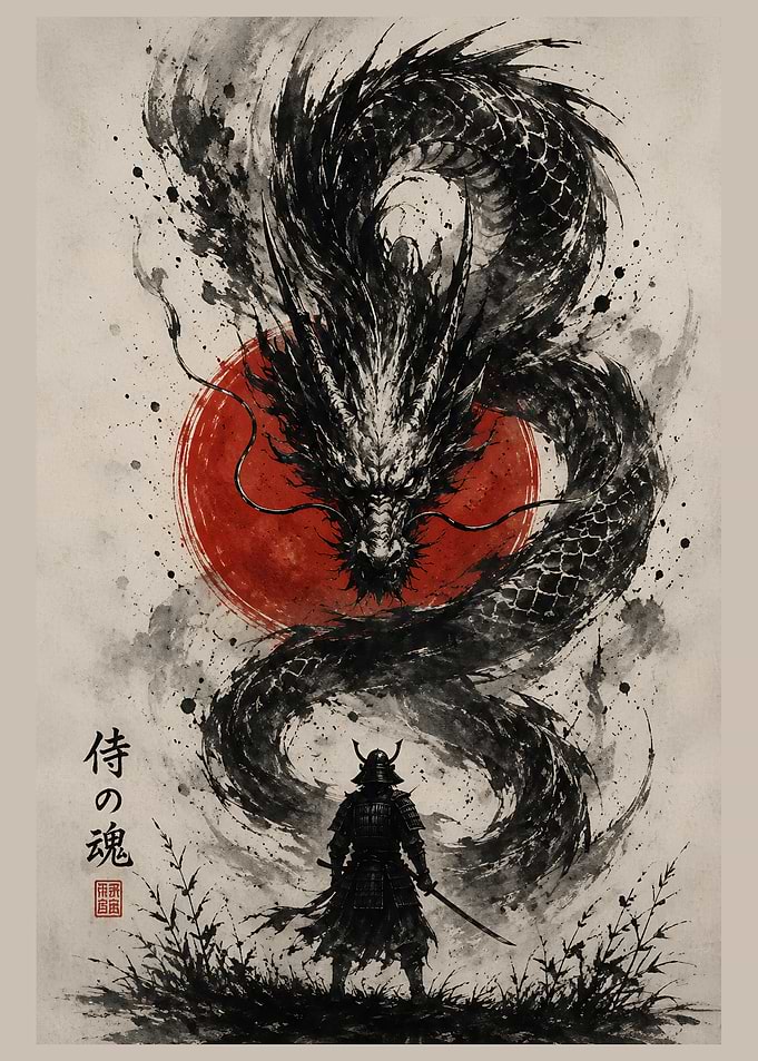 Samurai Facing a Majestic Dragon