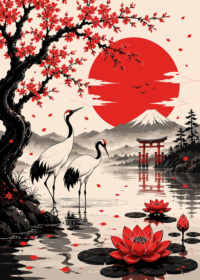 Japanese Cranes and Mount Fuji Art