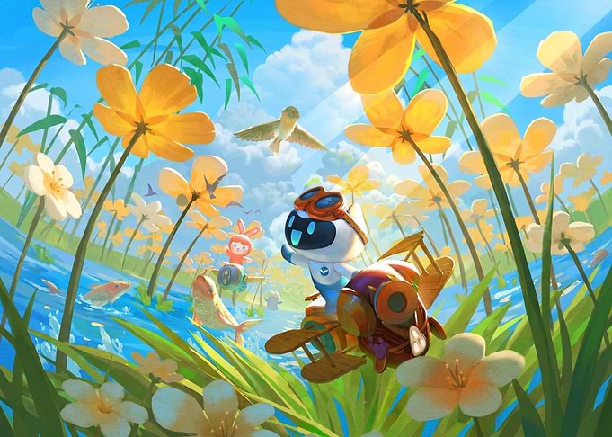 Cute Robot Flying Through Flower Field