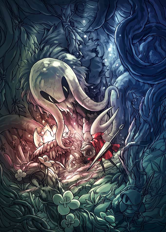 Hornet Encountering Mosskin in Hollow Knight