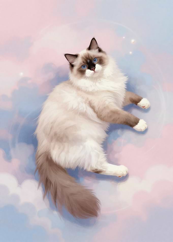 Ragdoll Cat Floating in Pastel Clouds