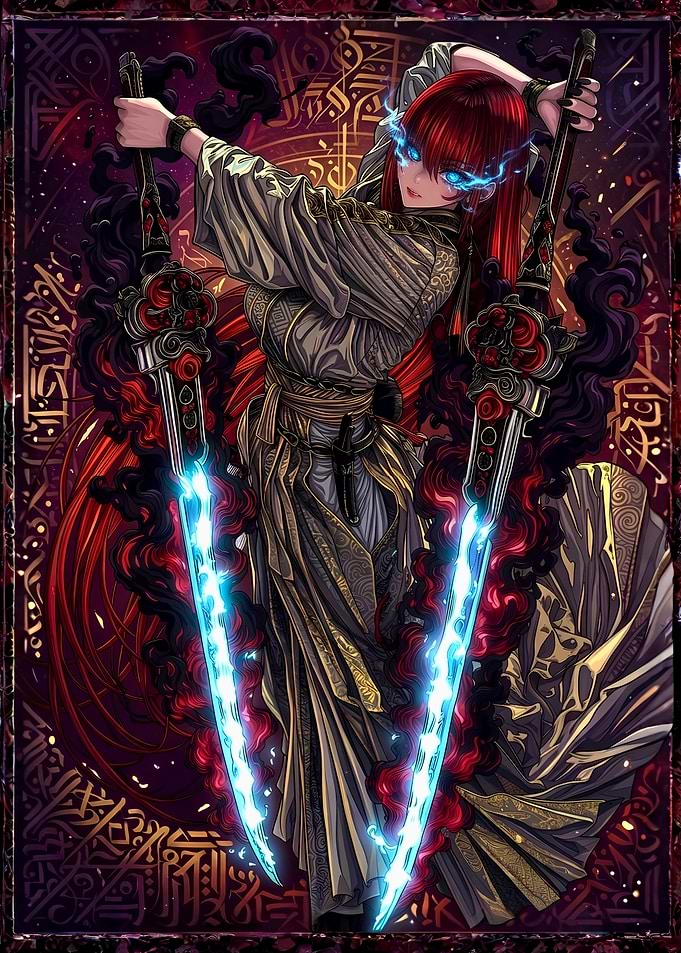 Red-Haired Warrior with Glowing Swords
