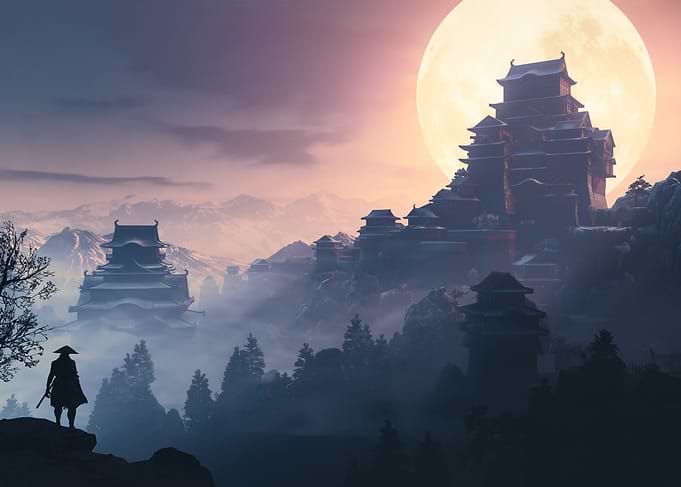 Samurai Standing Before Ancient Japanese Castle