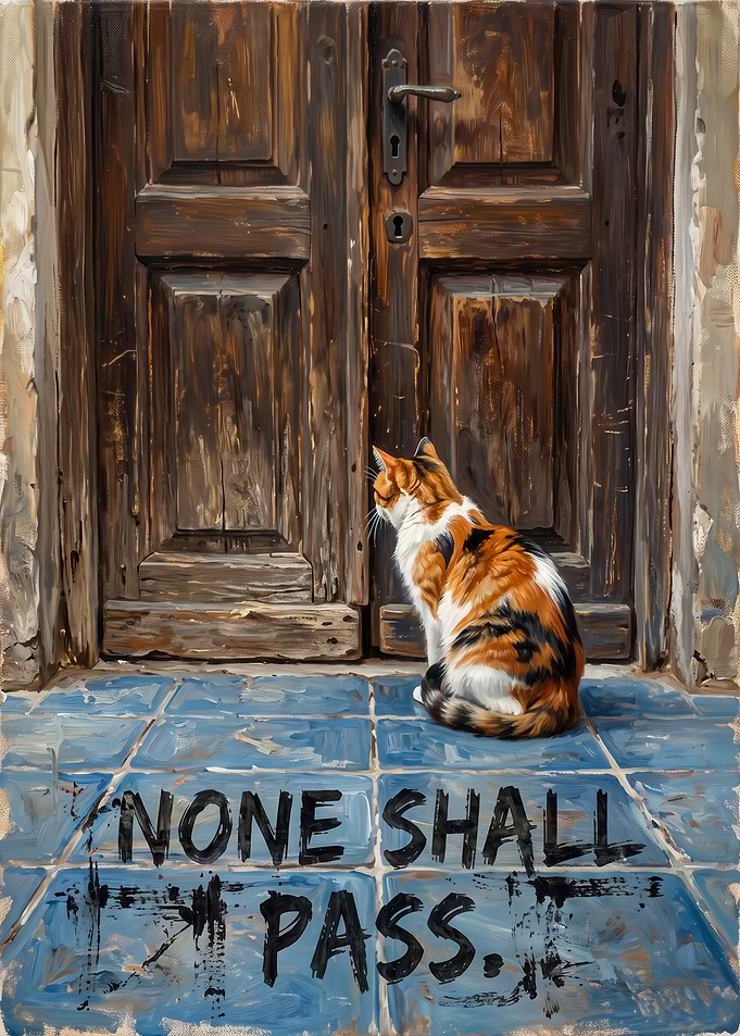 Calico Cat Guarding Wooden Door