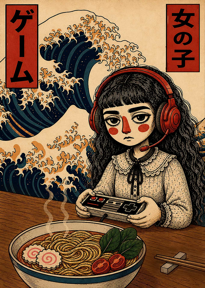 Retro Gamer Girl with Ramen