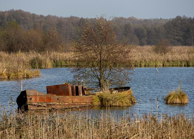 Abandoned Rusty Boat in Lake