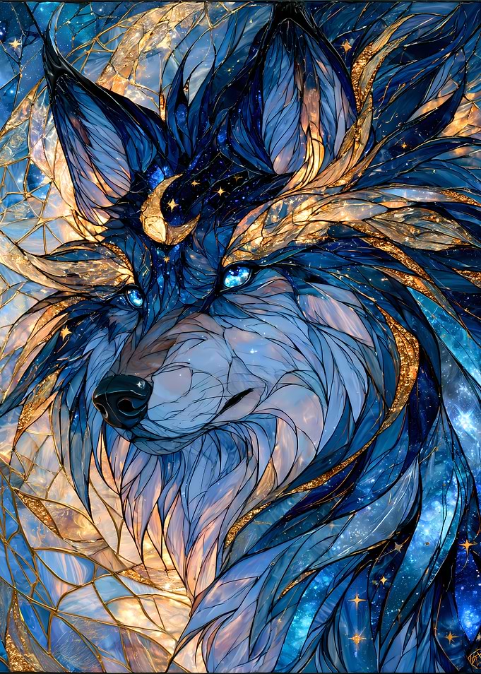 Stained Glass Celestial Wolf Portrait