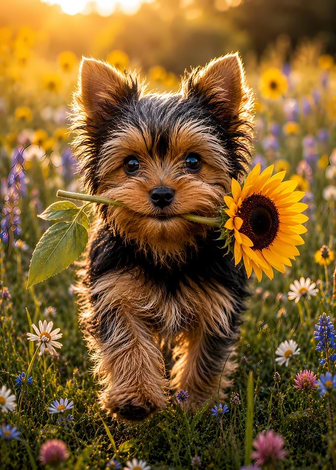 Yorkie Puppy Holding a Sunflower