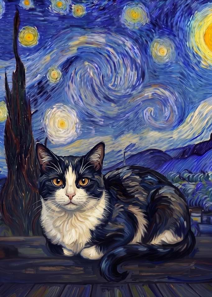 BNW Cat in Starry Night Style