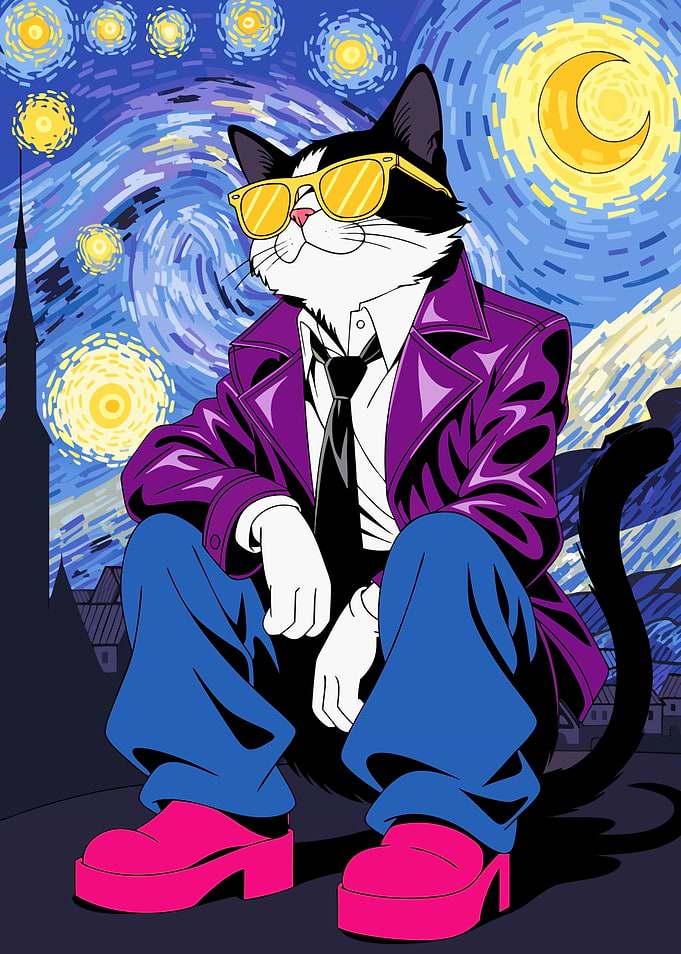 Cool Cat in Starry Night Style