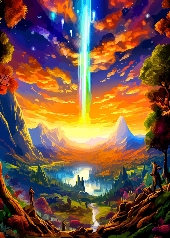 Vibrant Fantasy Landscape with Celestial Beam